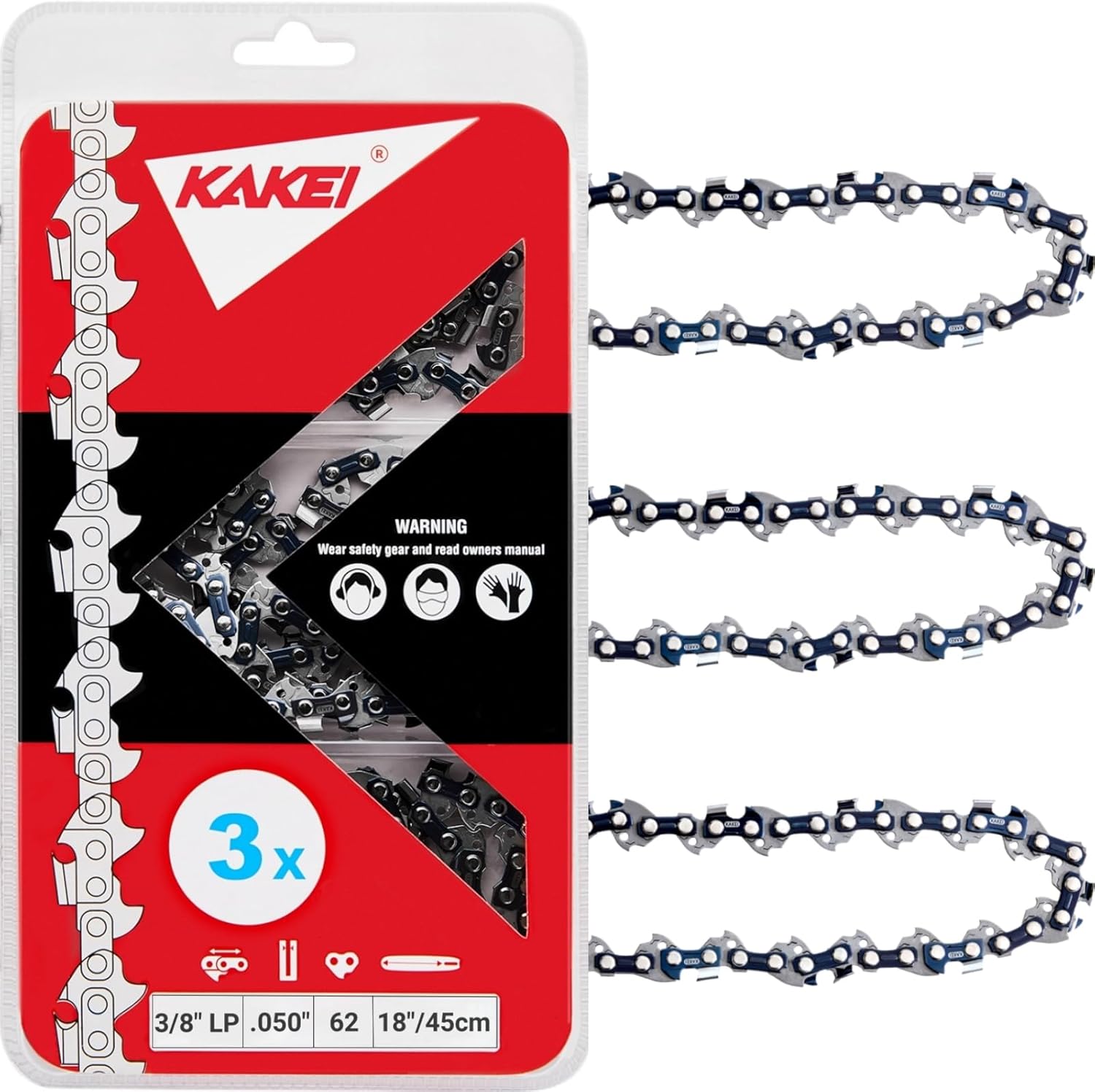 KAKEI 18 Inch Chainsaw Chain 3/8" LP Pitch .050" Gauge 62 Drive Links Fits Poulan, Kobalt...