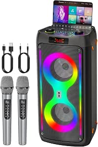 Karaoke Machine, Portable Outdoor Speaker with 2 Wireless Microphones, PA System with LED...