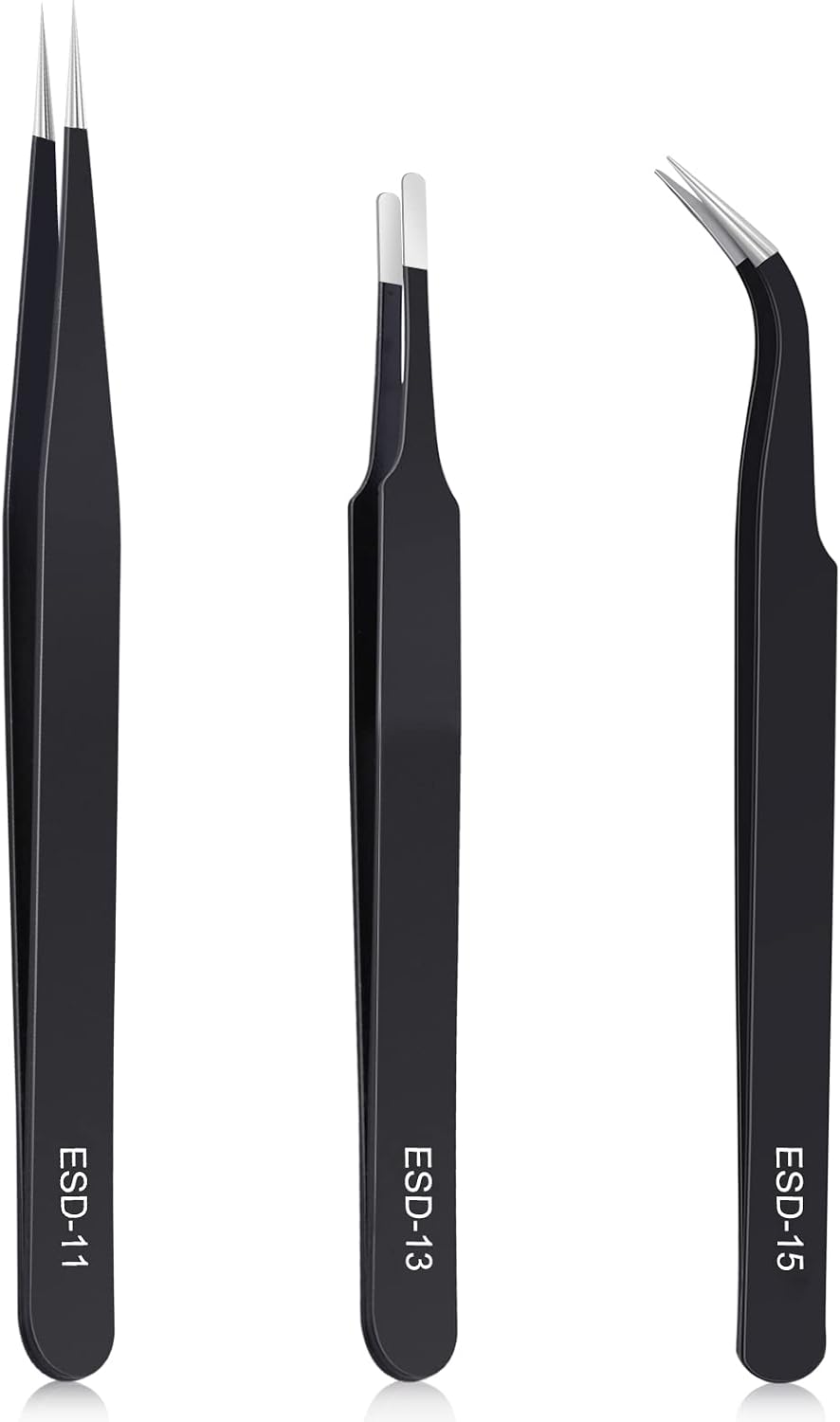 kaverme 3PCS Precision Tweezers Set, Upgraded Anti-Static Stainless Steel of Tweezers, for...