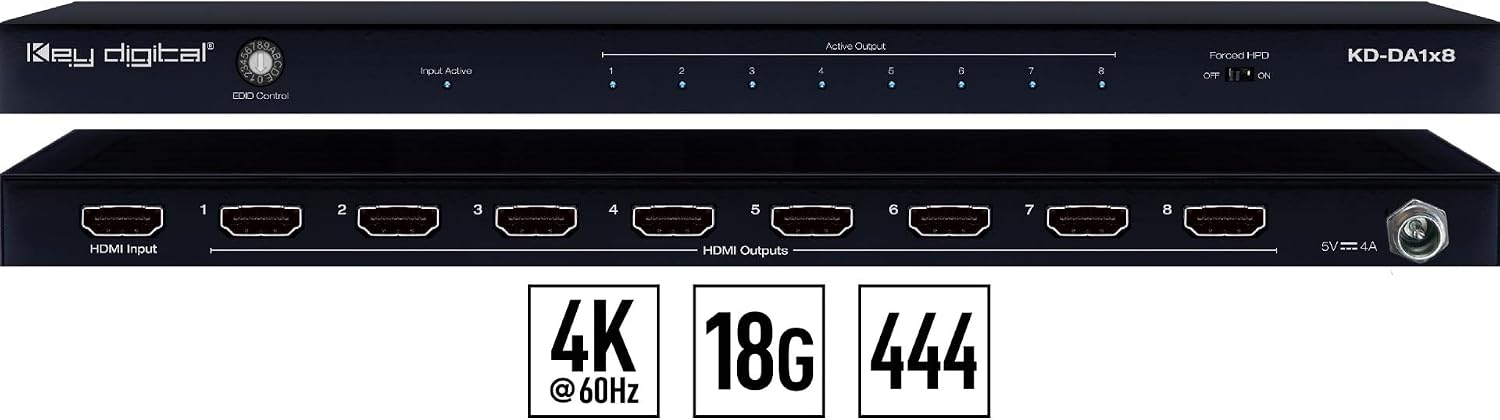KD-DA1x8: 8 Outputs HDMI Splitter Distribution Amp with 4K 18Gbps Bandwidth, HDR, HDCP 2.2...