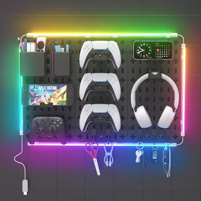 KDD 9 in 1 RGB Gaming Wall Organizer Peg Board - DIY Pegboard Combination Kit with Phone...