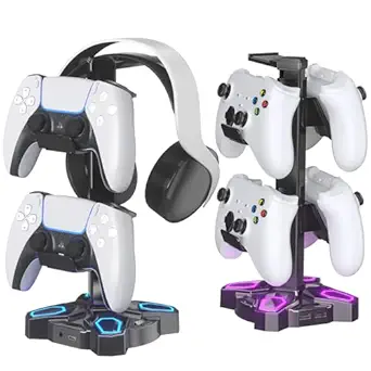 KDD Gaming Headphones Stand, Rotatable Headset Stand with Light Modes - Controller Holder...