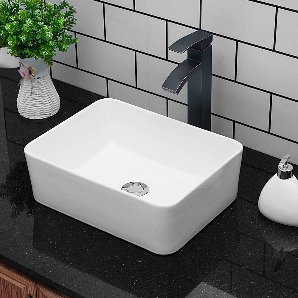 Kichae Vessel Sink Rectangular - 16"x12" Modern White Bathroom Sink Rectangle Above Counter...