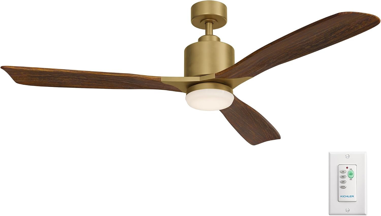 Kichler Ridley II 52" Ceiling Fan and Light Kit in Natural Brass, 3-Blade LED Ceiling Fan in...