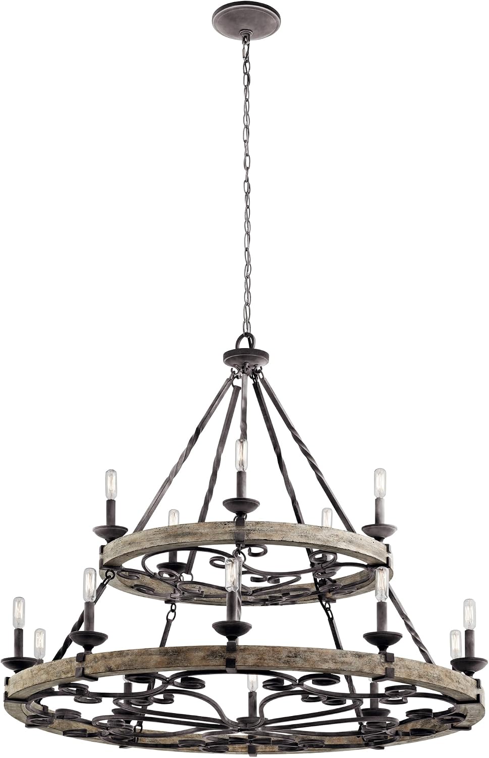 Kichler Taulbee 44" Chandelier in Weather Zinc & Weathered Grey Wood Accents, 15-Light Two...