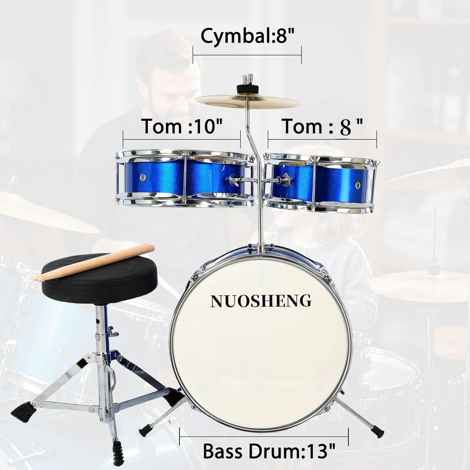 Kids Drum Set 3-Piece for Beginners, 13 Inch Complete Junior Drum Kit with Bass Tom Snare... image