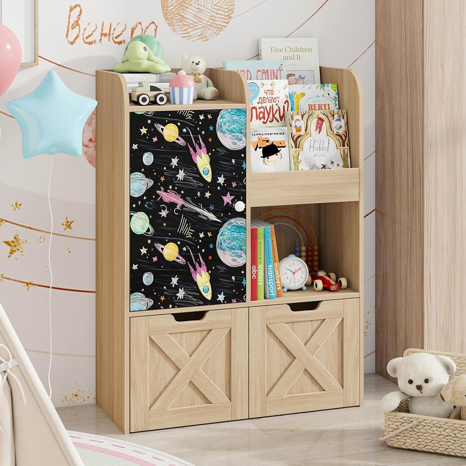 Kids Toy Storage Organizer with Reading Nook, Wooden Kid Bookshelf with Chalkboard and 2...