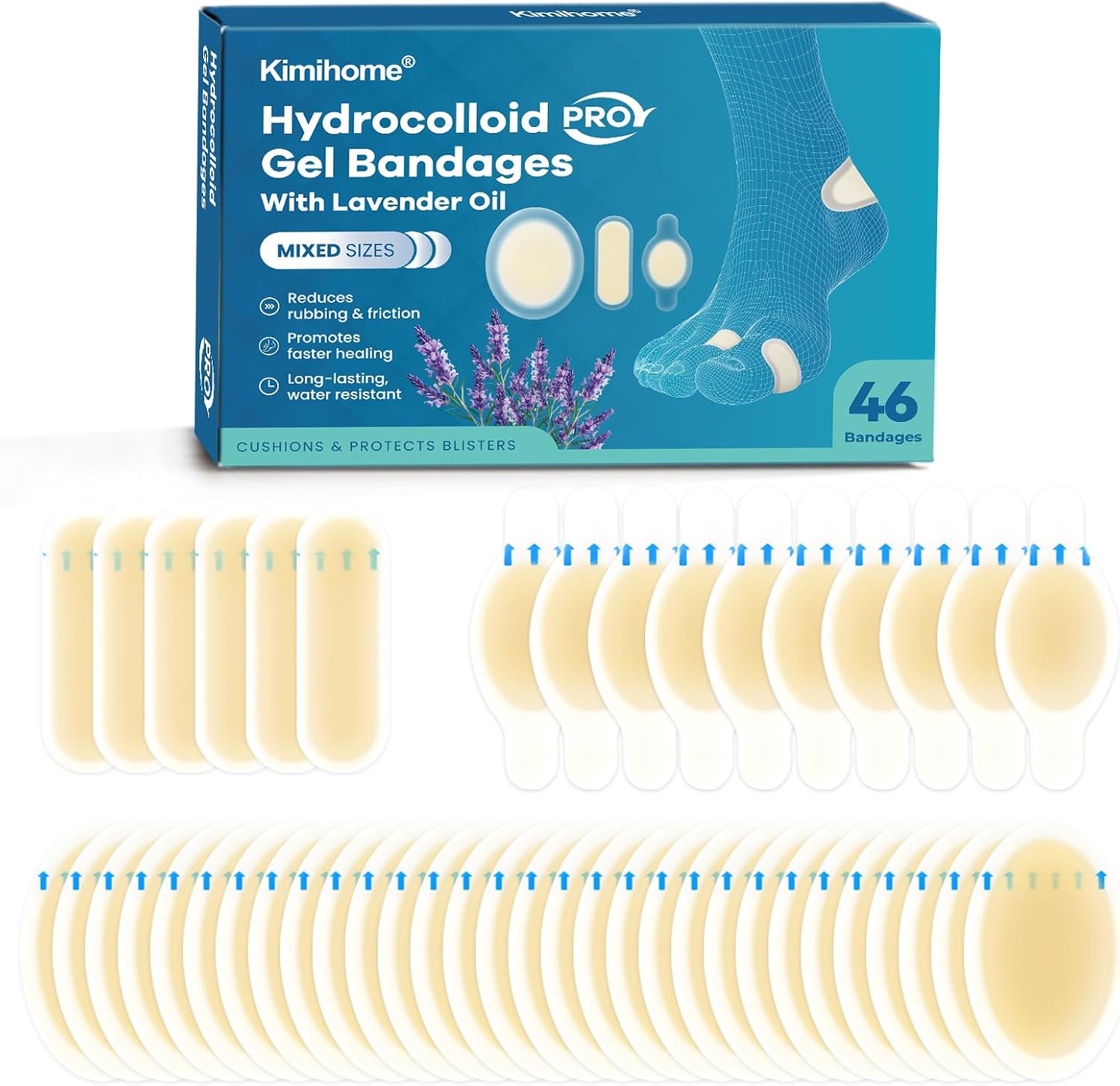 Kimihome Hydrocolloid Blister Bandages for Feet - 46ct Blister Prevention Pads with Lavender...