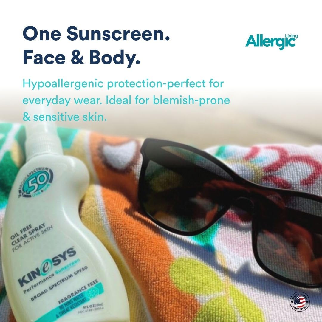 KINeSYS Fragrance Free Clear Spray Sunscreen for sensitive skin, SPF 50, Hypoallergenic... image
