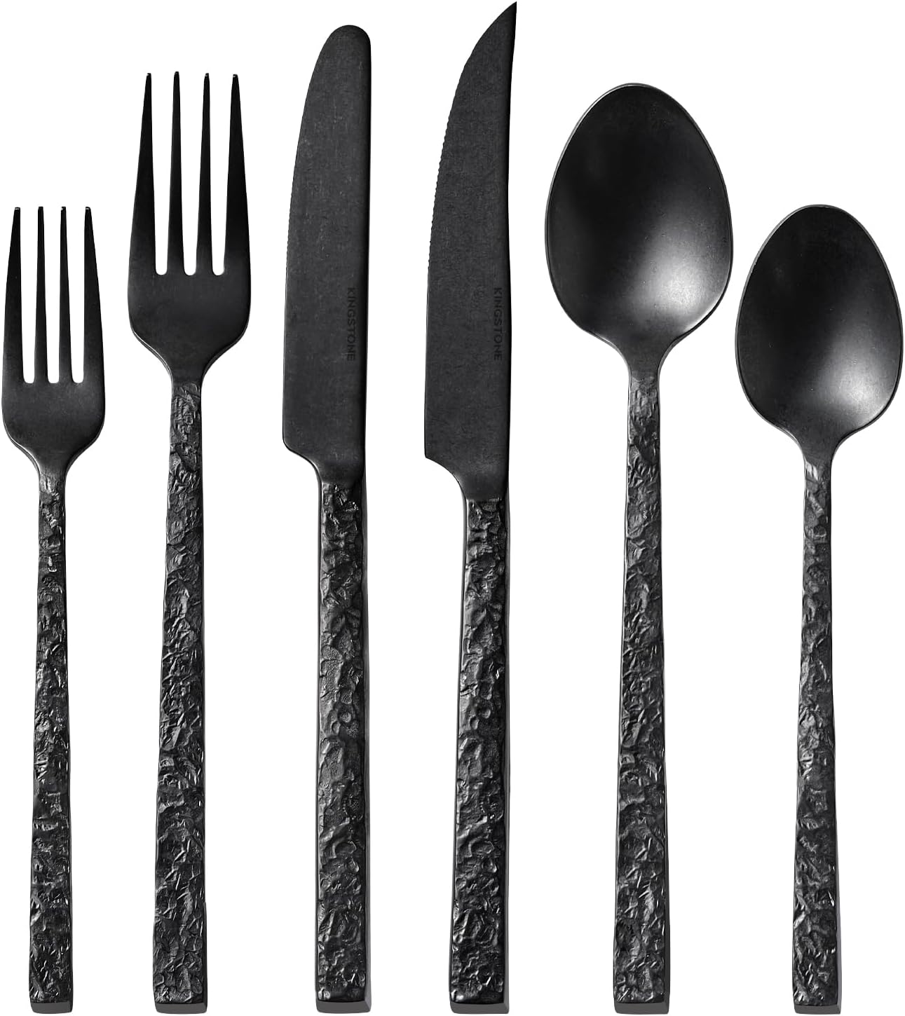 KINGSTONE 24 Pcs Black Hammered Silverware Set with Steak Knives for 4, 18/10 Stainless...
