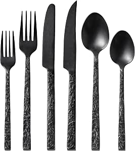 KINGSTONE 24 Pcs Black Hammered Silverware Set with Steak Knives for 4, 18/10 Stainless... image