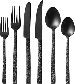 KINGSTONE 48 Pcs Black Hammered Silverware Set with Steak Knives for 8, 18/10 Stainless... image