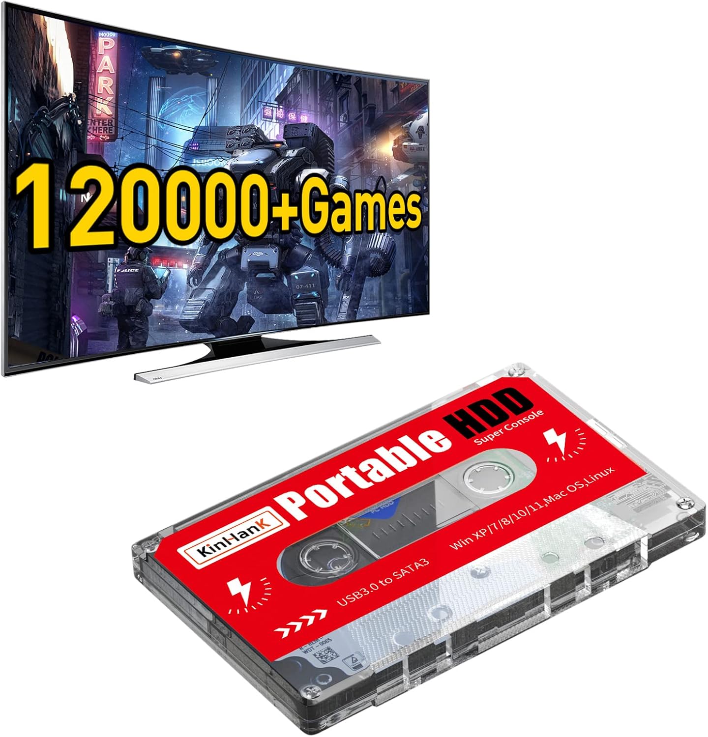 Kinhank 2TB Game Hard Drive, Built-in 120000+ Games, Batocera 33 System, External Hard Drive...