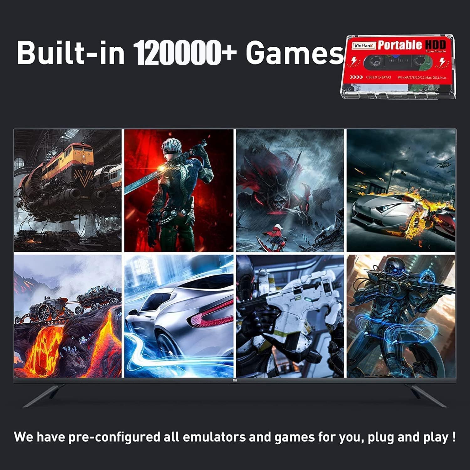 Kinhank 2TB Game Hard Drive, Built-in 120000+ Games, Batocera 33 System, External Hard Drive... image