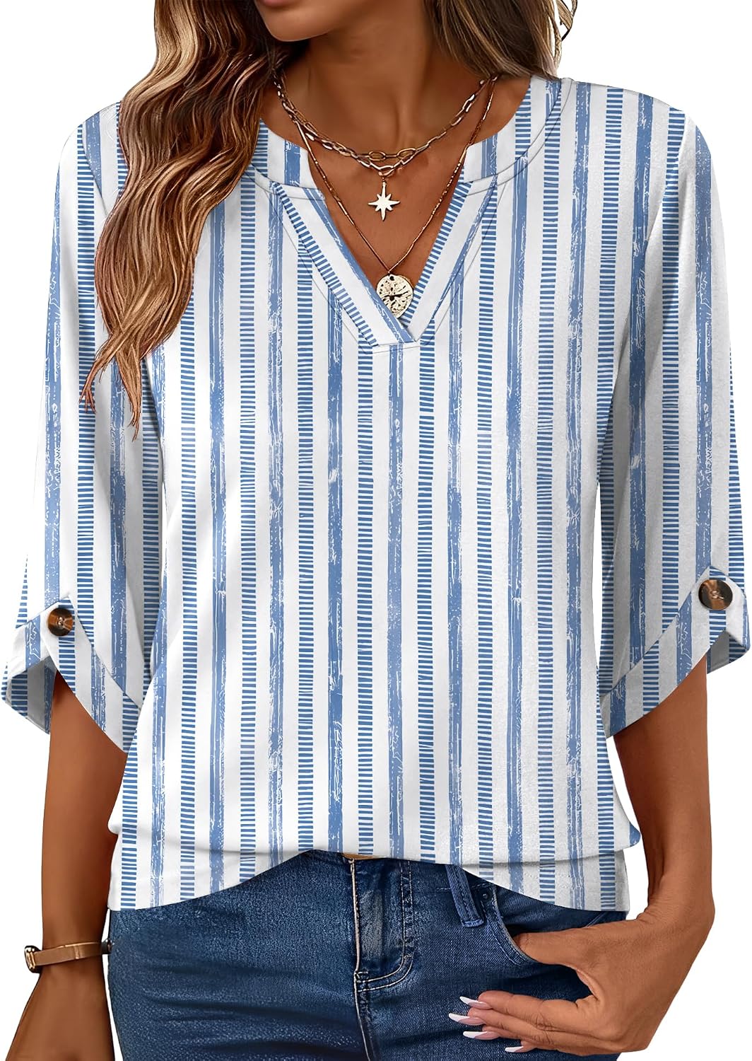 Kistore Womens 3/4 Length Sleeve Tunic Tops Dressy Casual V Neck Shirts Trendy Flowy Tees