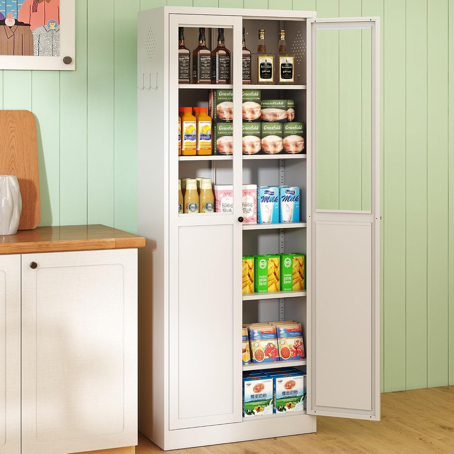 Kitchen Pantry Cabinet, 72" Tall Farmhouse Storage Cabinet, Kitchen Storage Cabinet with...