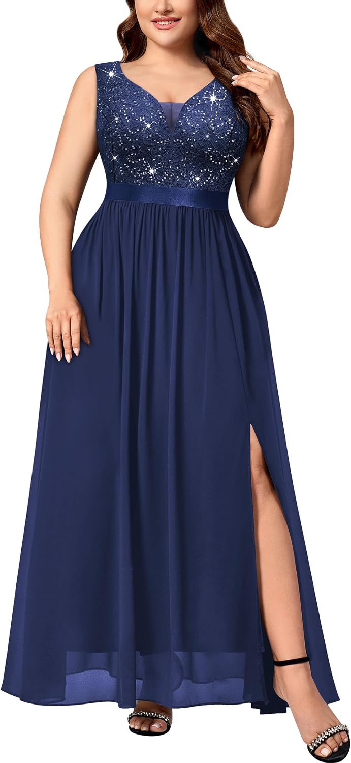Knitee Women's Plus Size Sequin Lace V-Neck Formal Dress Sleeveless Slit Prom Bridesmaid...