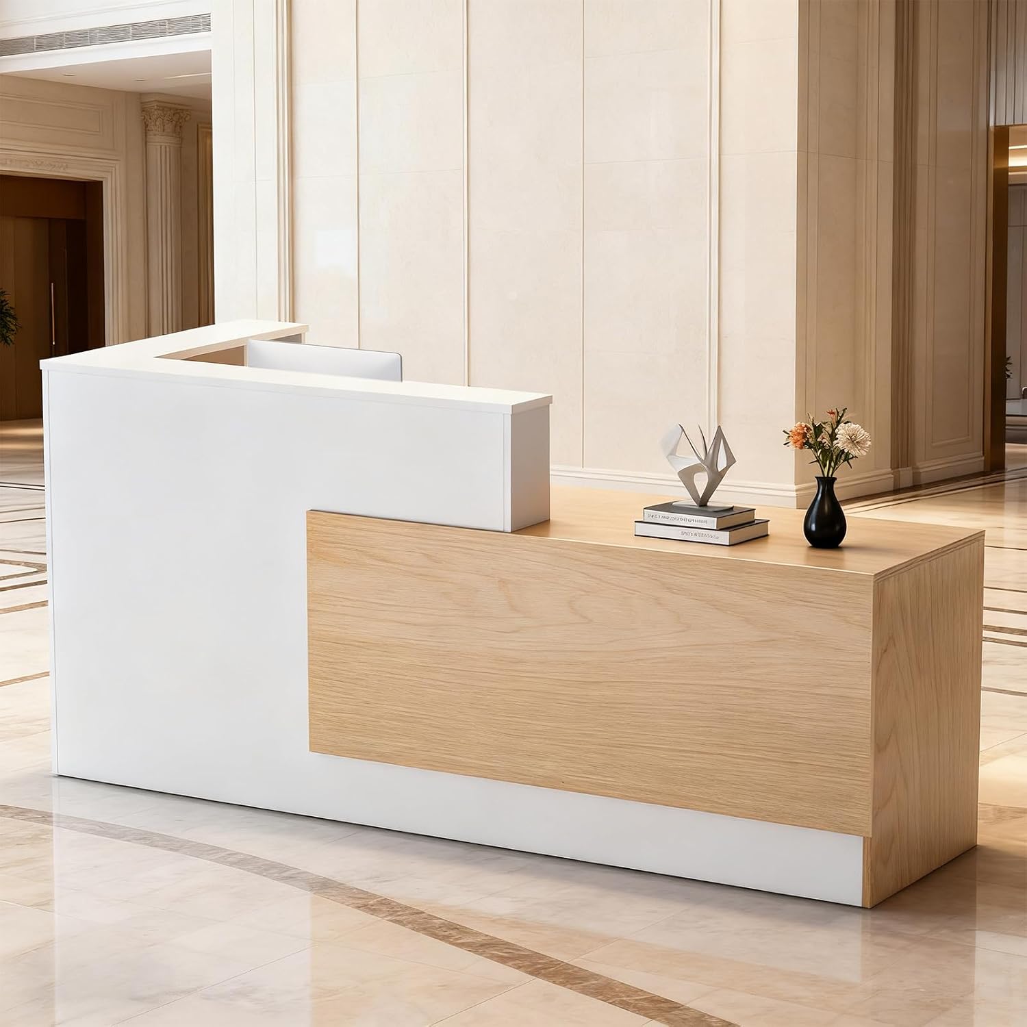 L-Shaped Large Wooden Reception Desk, Modern Front Desk Reception Counter with Lockable...