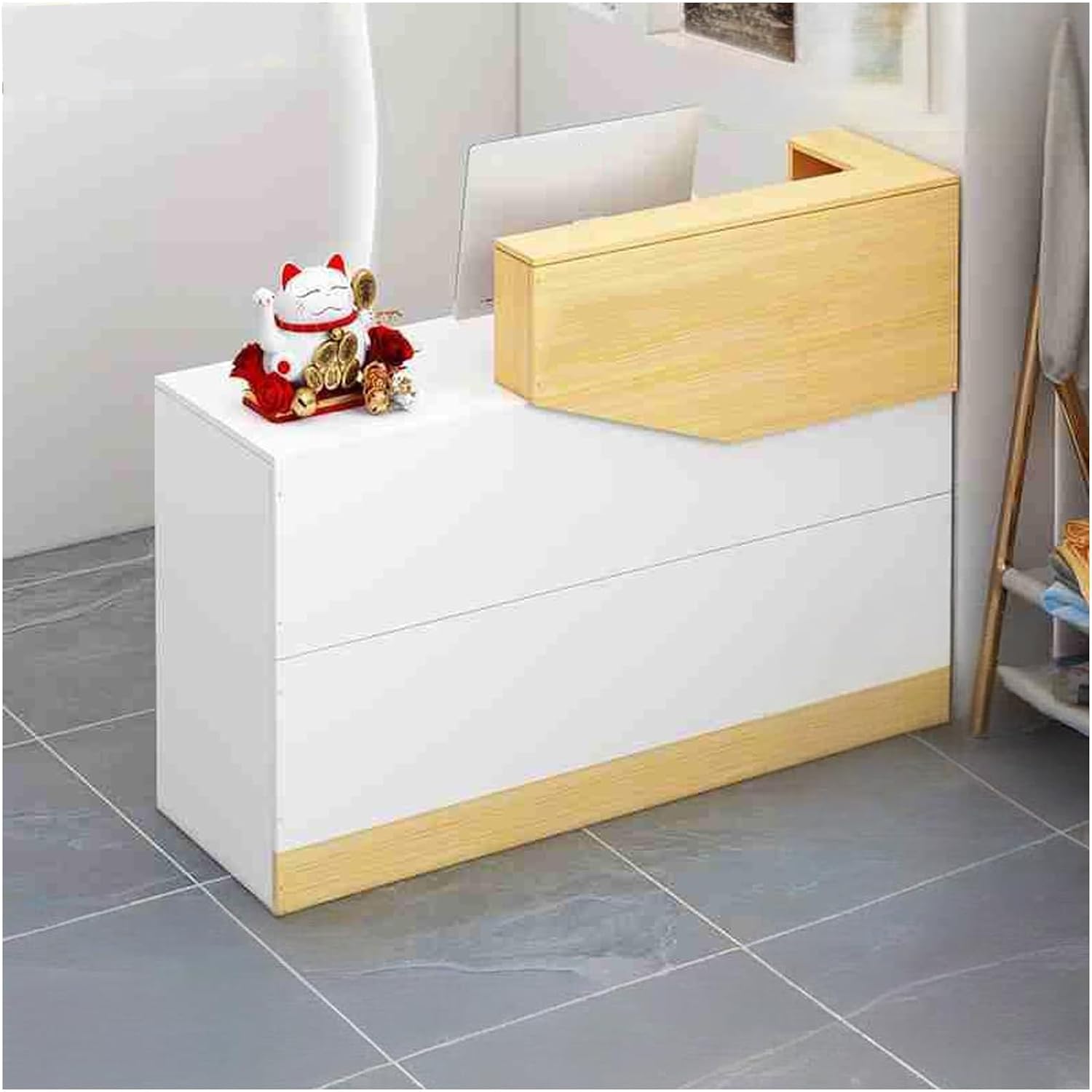 L-Shaped Reception Desk with Counter and Lockable Drawers and Storage,with LED Lights, Front...
