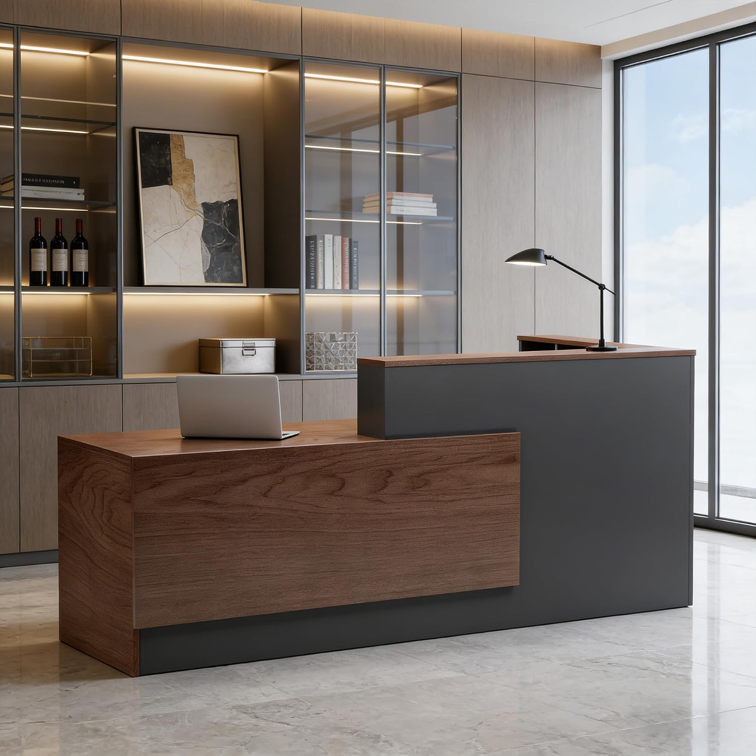 L-Shaped Reception Desk with Counter, Large Wooden Commercial Reception Table, Heavy-Duty...