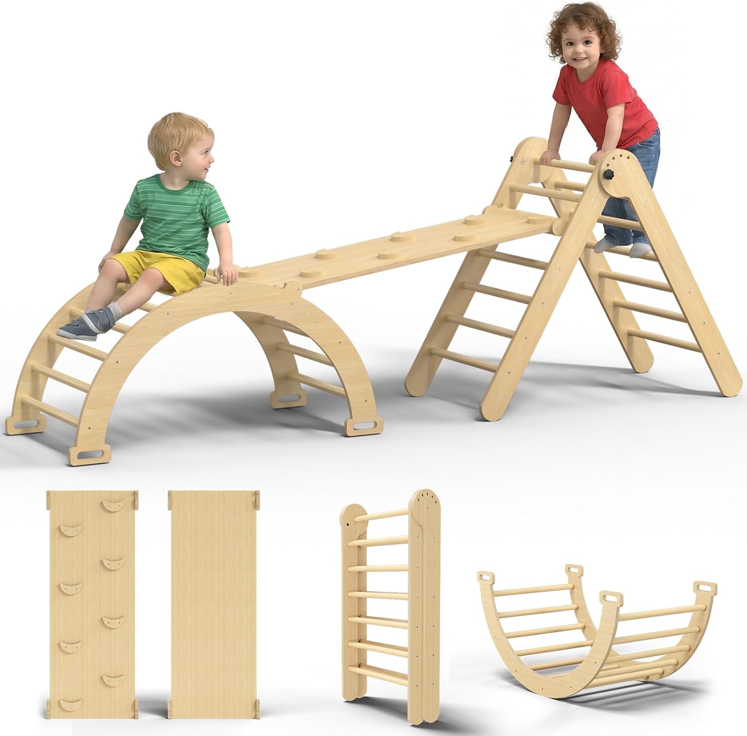 Large Pikler Triangle Set, 7-in-1 Toddler Climbing Toys Indoor, Wooden Montessori Climbing...
