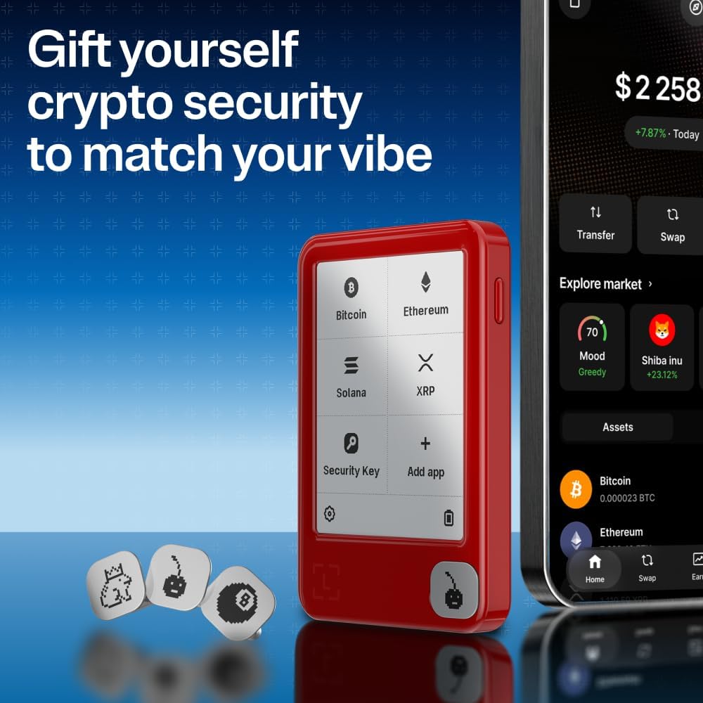 Ledger Nano Gen5 Secure Crypto Wallet Touchscreen Signer in Cherry Red + Playful Badges (Pack 3)