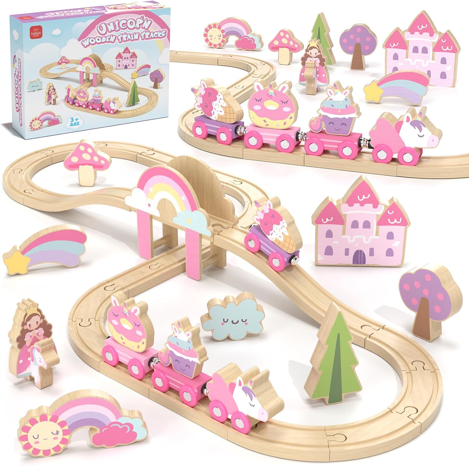 Lehoo Castle Wooden Train Set - Unicorn Train Set for Toddlers 2-4, Wooden Train Track...