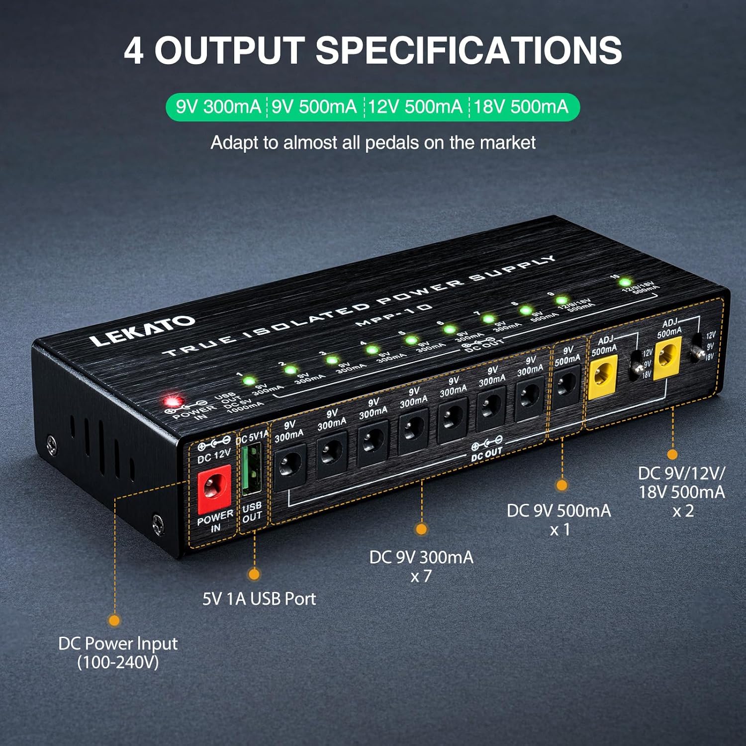 LEKATO Guitar Pedal Power Supply, True Isolated Pedal Power Supply with 10 Ports, USB Port... image