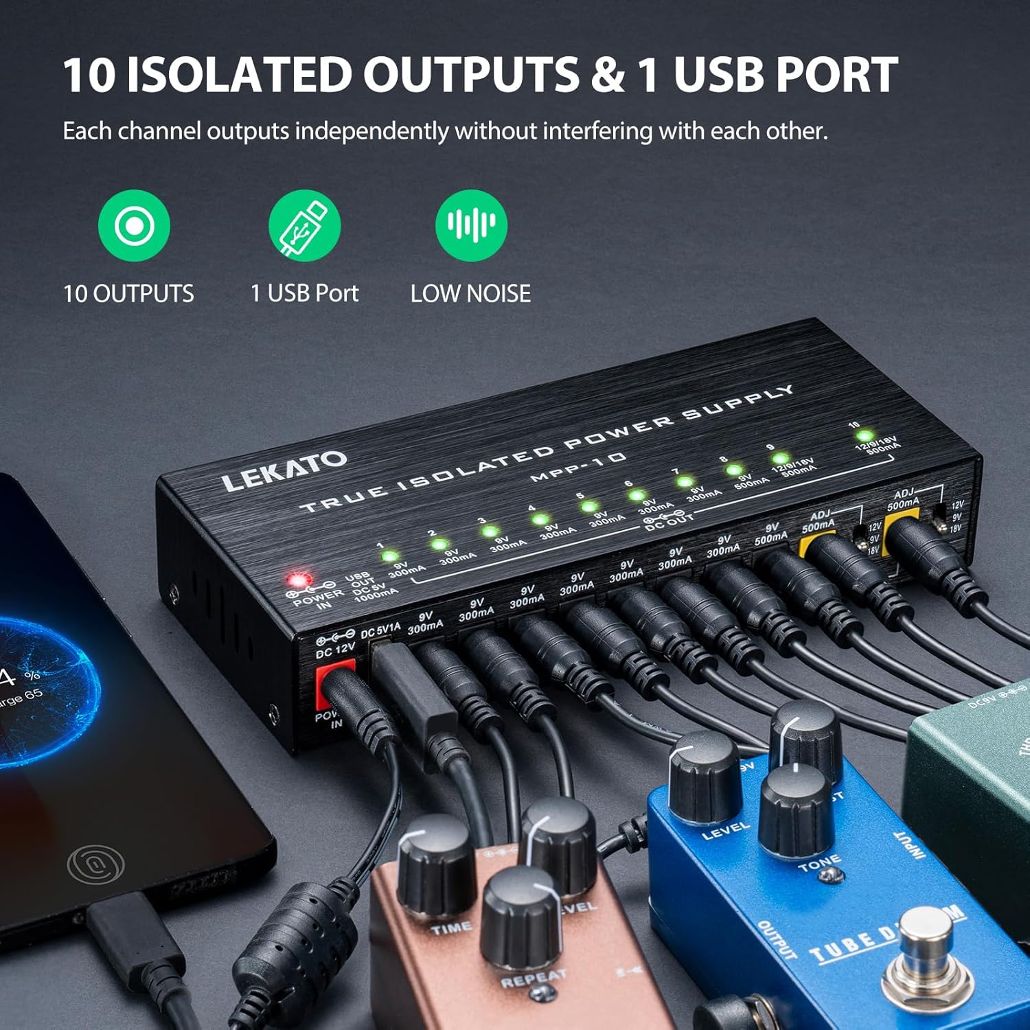 LEKATO Guitar Pedal Power Supply, True Isolated Pedal Power Supply with 10 Ports, USB Port... image