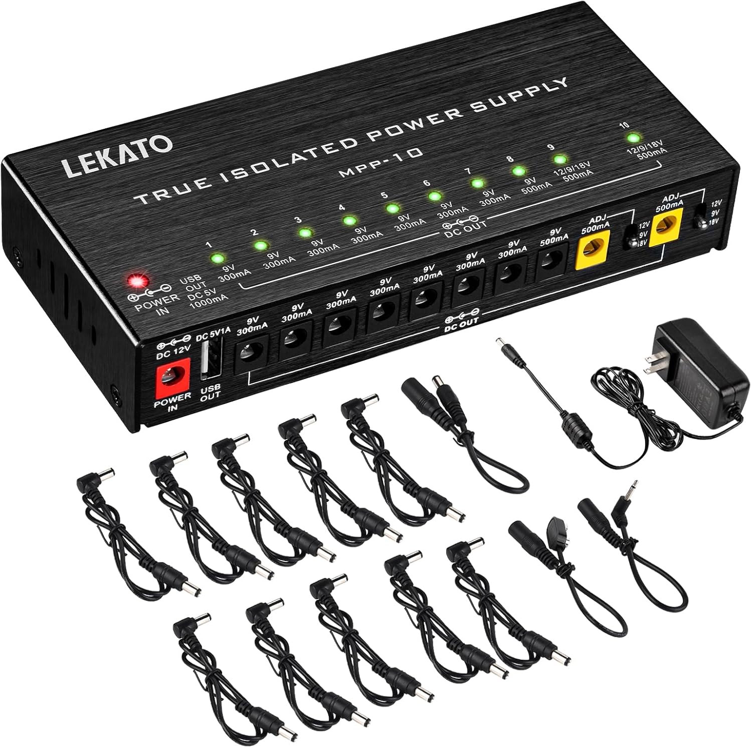 LEKATO Guitar Pedal Power Supply, True Isolated Pedal Power Supply with 10 Ports, USB Port...