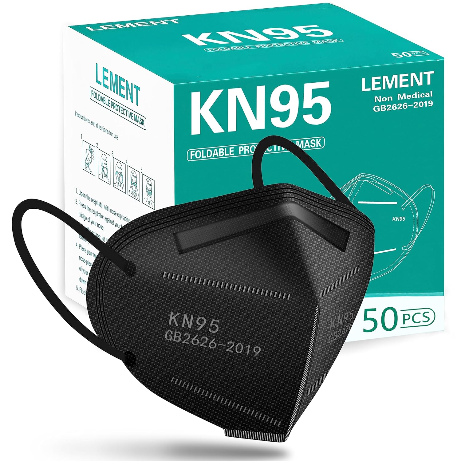 LEMENT 50pcs KN95 Face Mask Black 5 Layer Cup Dust Safety Masks Filter Efficiency≥95%...