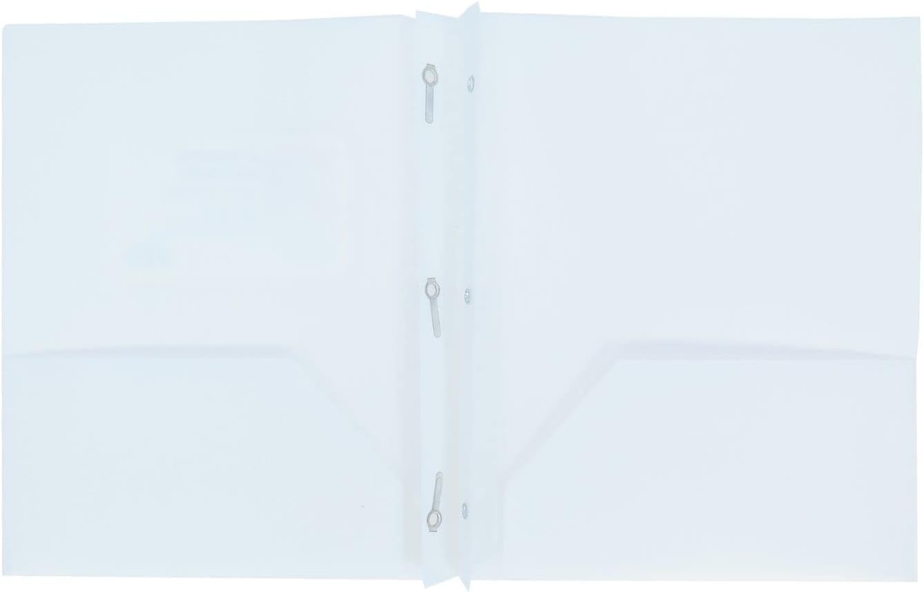 Letter Size Plastic Folder with Pockets and 3 Metel Prongs (White)