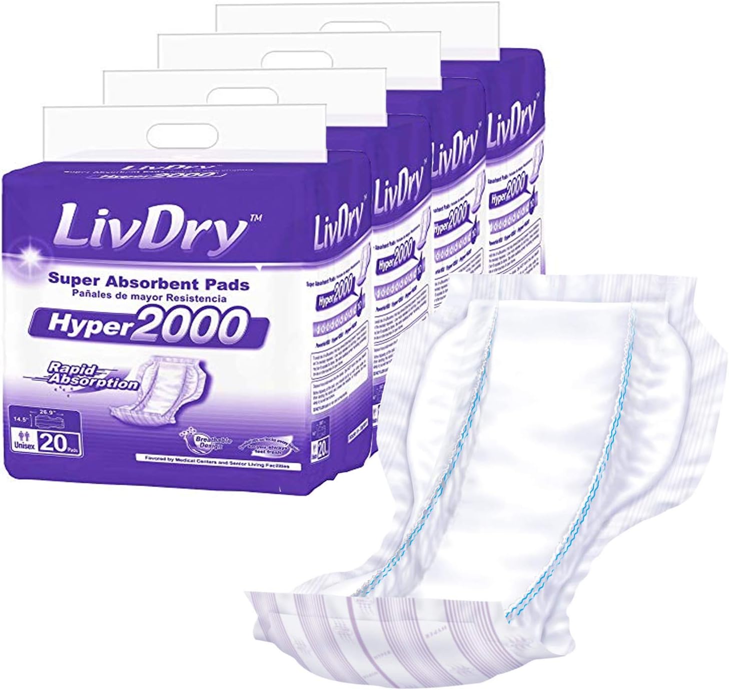 LivDry High Absorbency Pad Insert for Incontinence Briefs and Adult Diapers, Women and Men...