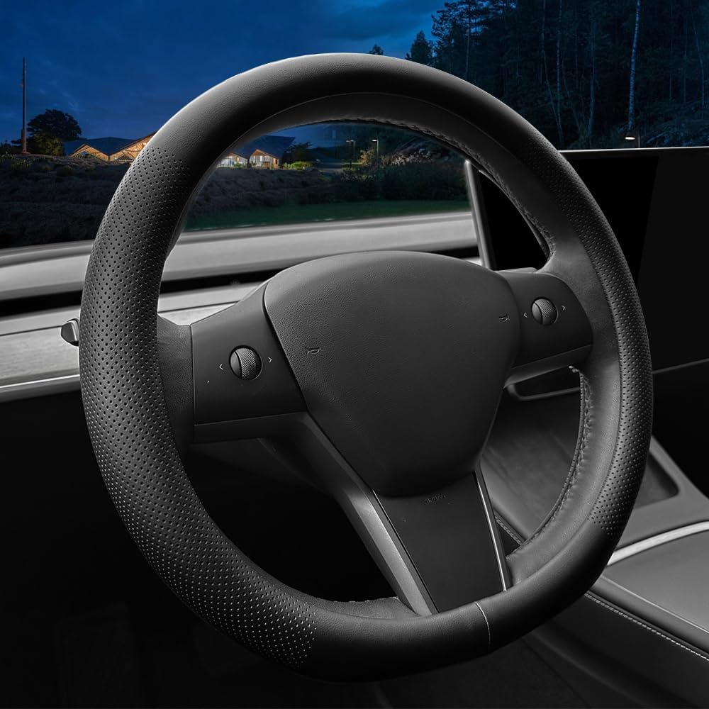 LKWLIKEI Nappa Leather Ultra-Thin Steering Wheel Cover, for Tesla Model 3/Y Steering Wheel...