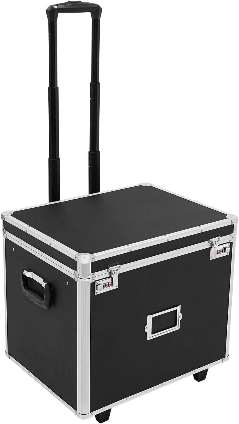 Locking File Storage Box with Telescopic Handle & Wheels - Aluminum Alloy Portable Document...
