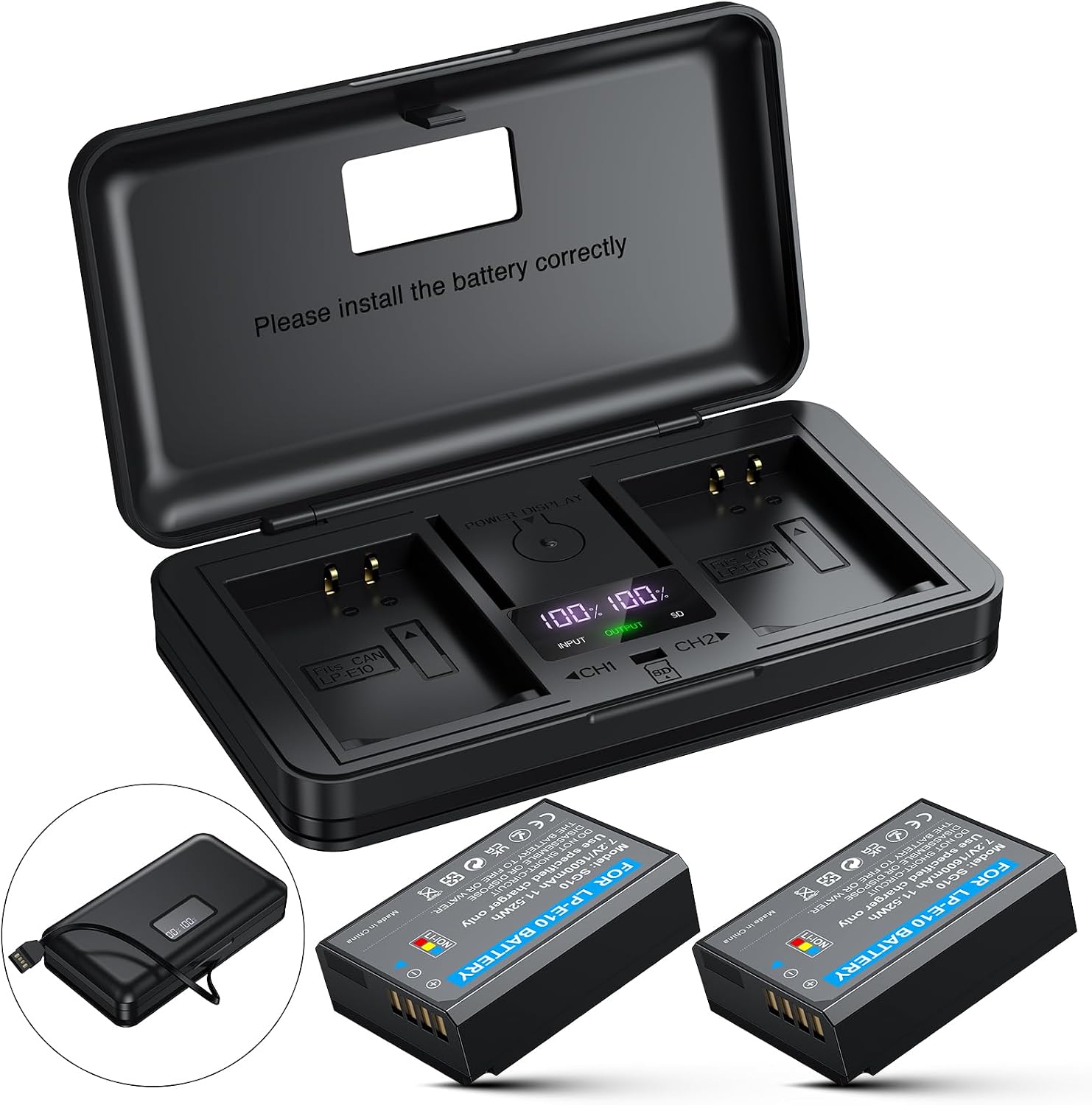 LP-E10 Battery 2-Pack 1600mAh and Digital Display Dual USB Charger for Canon LP E10,EOS...