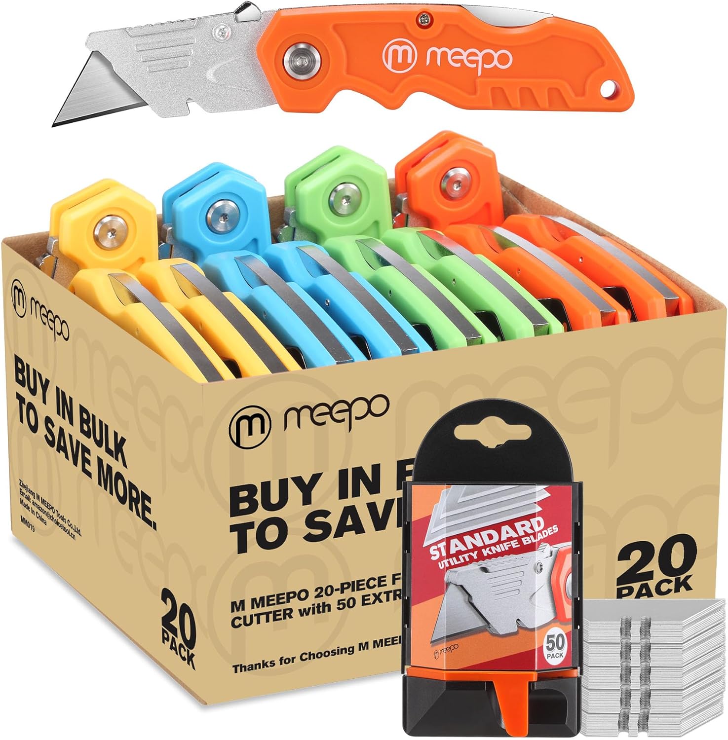 M MEEPO Box Cutter, 20-Pack Tough Folding Box Cutter Bulk for Heavy Duty Purpose, Razor...