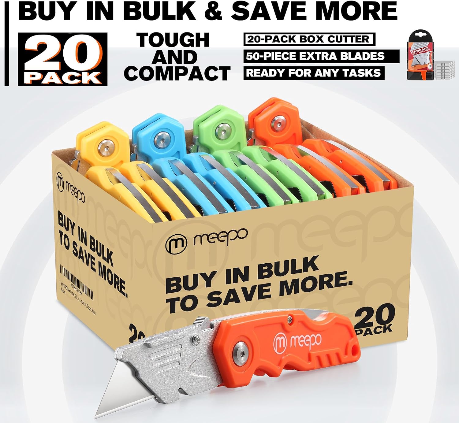 M MEEPO Box Cutter, 20-Pack Tough Folding Box Cutter Bulk for Heavy Duty Purpose, Razor... image