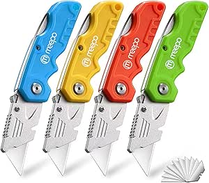 M MEEPO Box Cutter, 4-Pack Tough Folding Box Cutter for Heavy Duty Purpose, Razor Sharp...