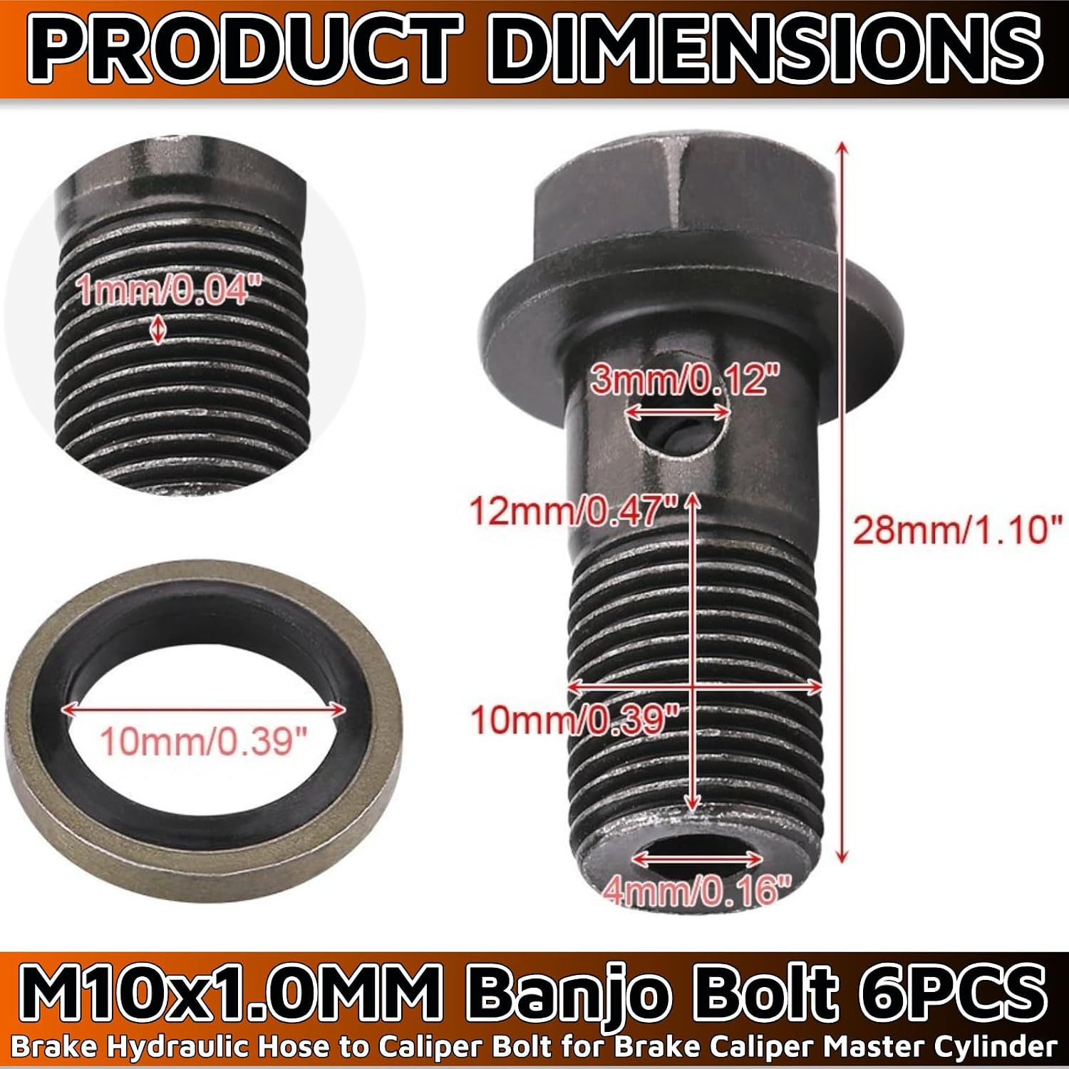 M10x1.0 Banjo Bolt 6PCS，22MM Long Single Banjo Bolt Brake Fitting Adapter with 12PCS... image