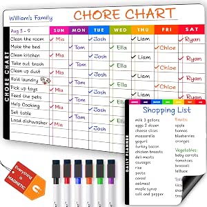 Magnetic Chore Chart Dry Erase Whiteboard Set - Pocket Charts for Multiple Kids, Teens &...