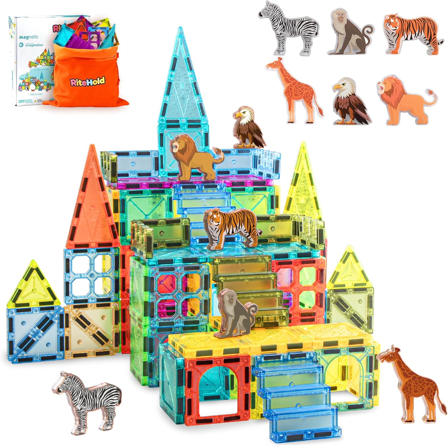 Magnetic Tiles for Kids 62PCS Magnet Animals Tiles Building with Storage Bag Set for Toddler...