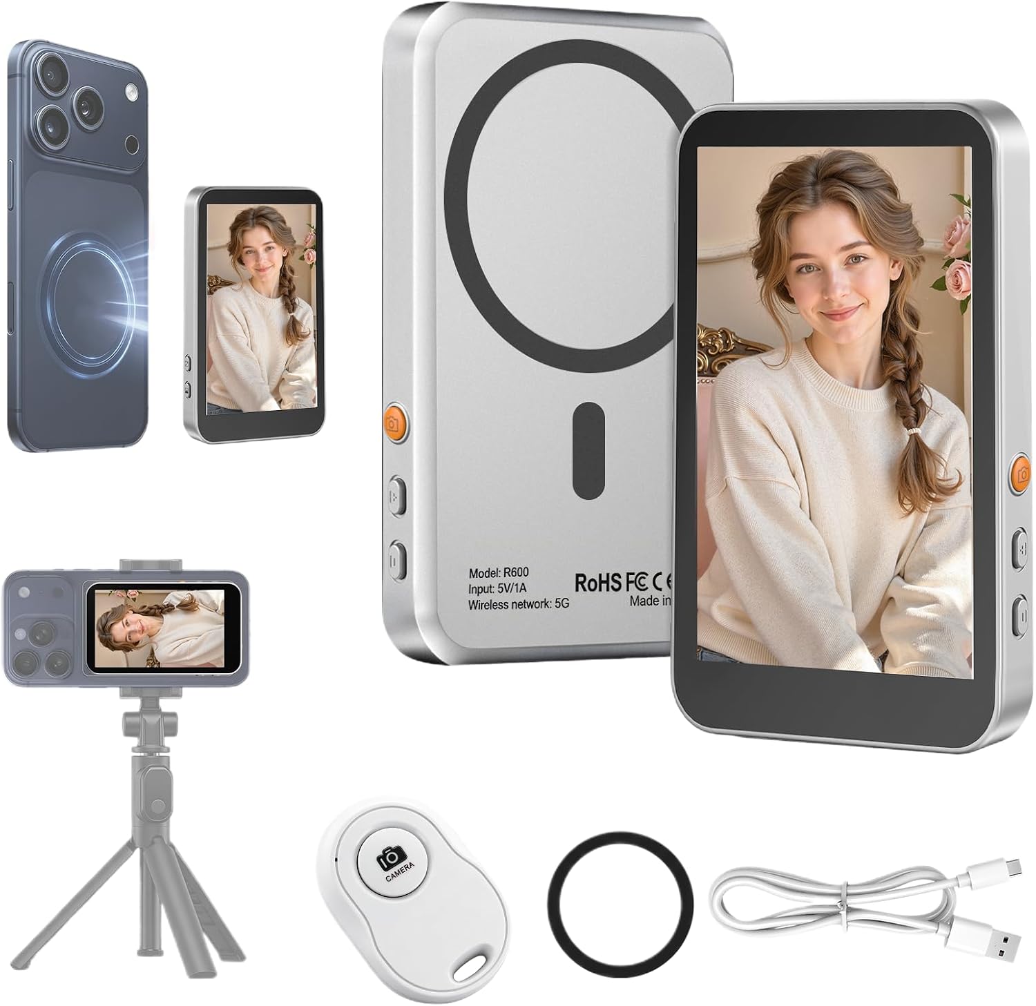 Magnetic Vlog Selfie Monitor Screen for iPhone 17 & Android, 4K Wireless Video Recording...
