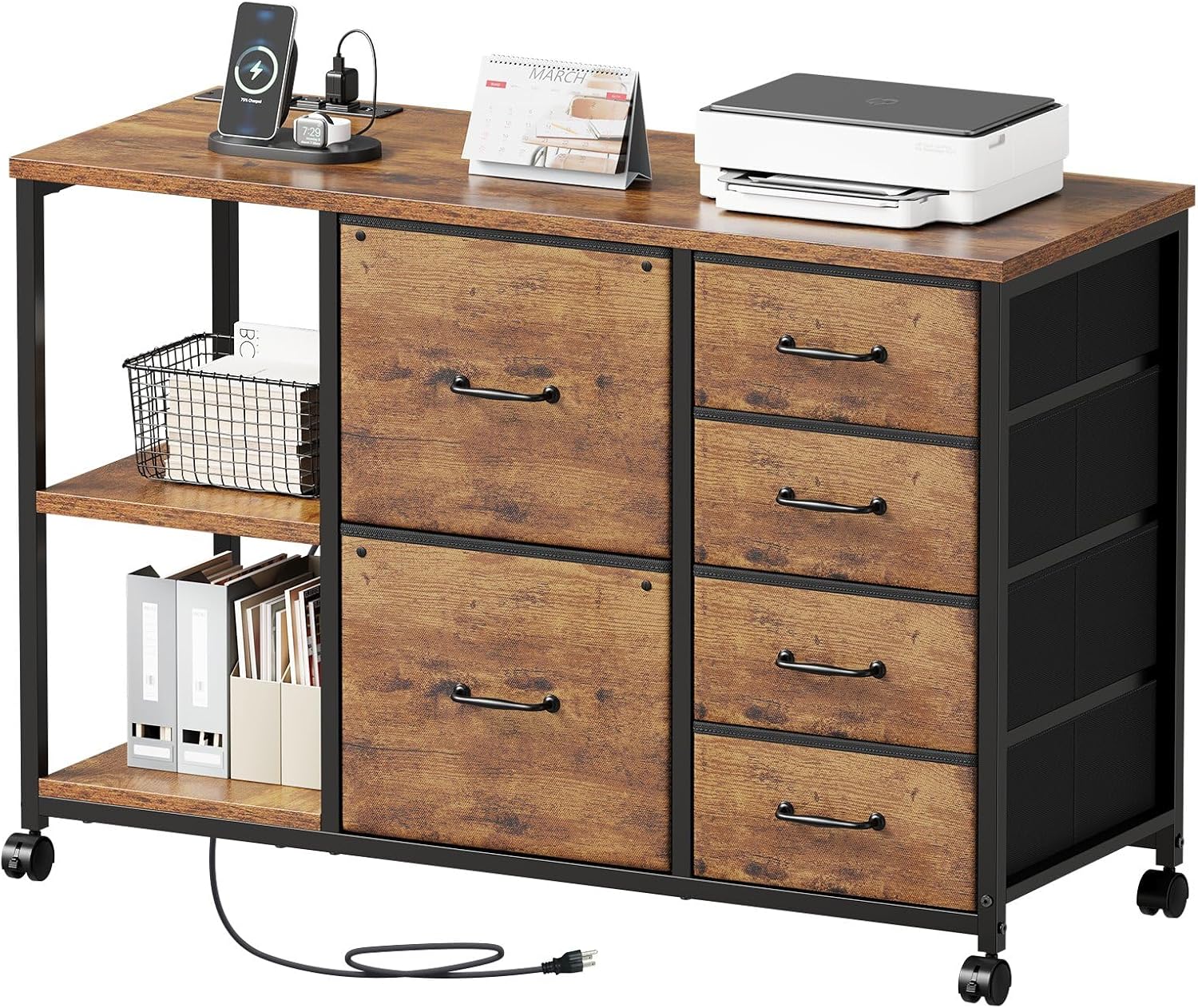 Maihail 6 Drawer File Cabinet with Charging Station Rolling Printer Stand with Open Storage...