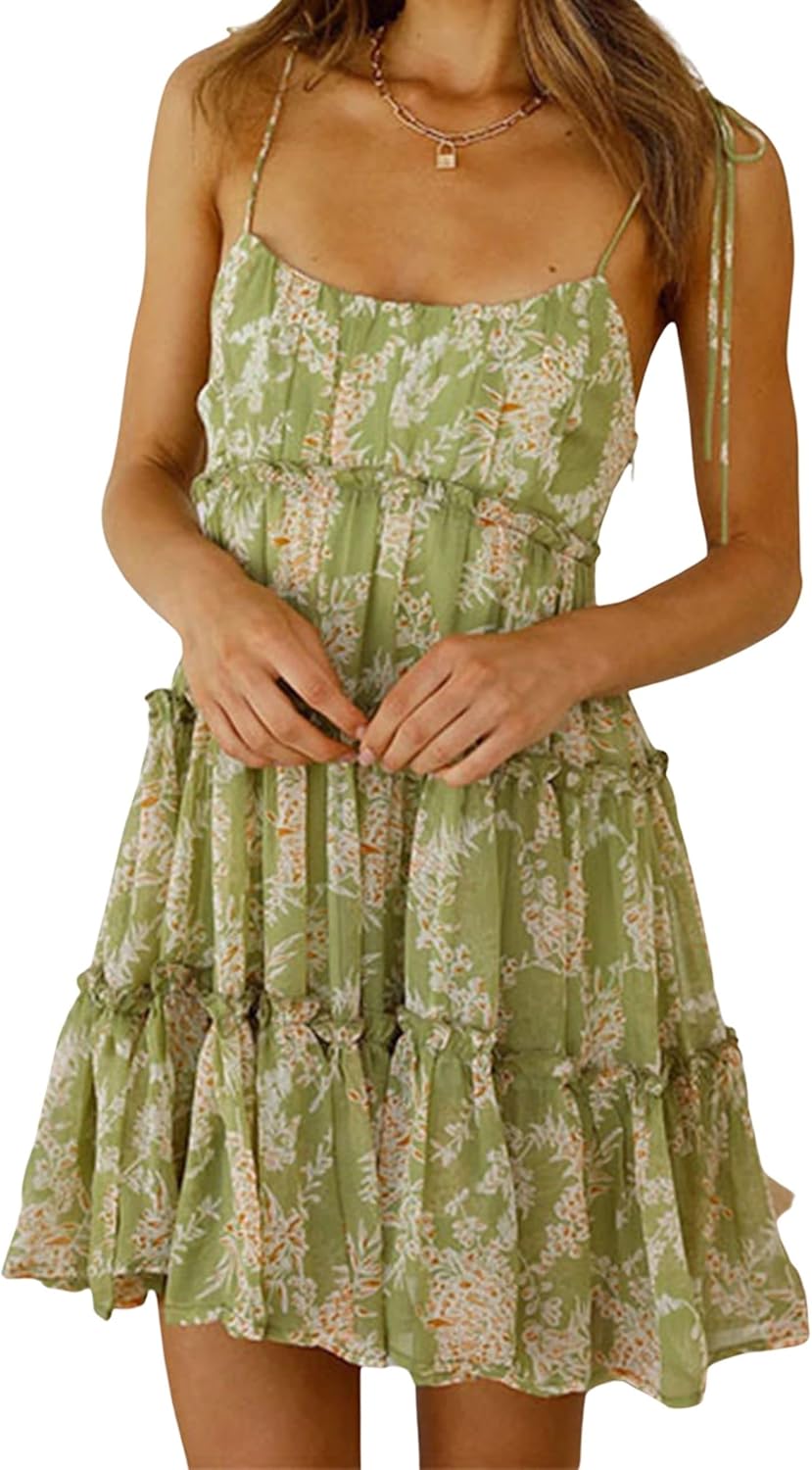 Mansy Womens 2026 Summer Floral Mini Dress Boho Flowy Skater Dresses Short Sleeveless Ruffle...
