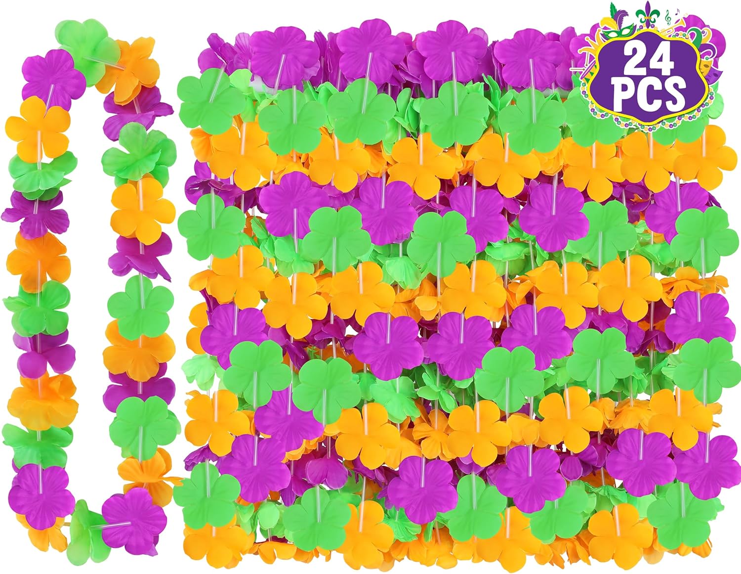 Mardi Gras Leis Accessories, 24PCS Purple Gold Green Silk Flower Leis, Carnival Leis Costume...