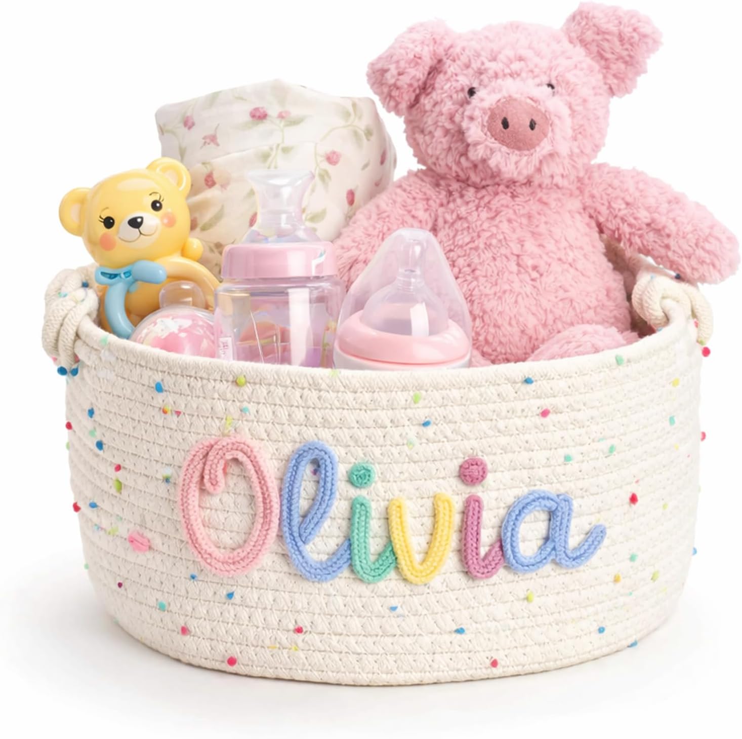 MBBEST Personalized Baby Basket with Name, Cotton Rope Nursery Storage Basket, Custom Baby...
