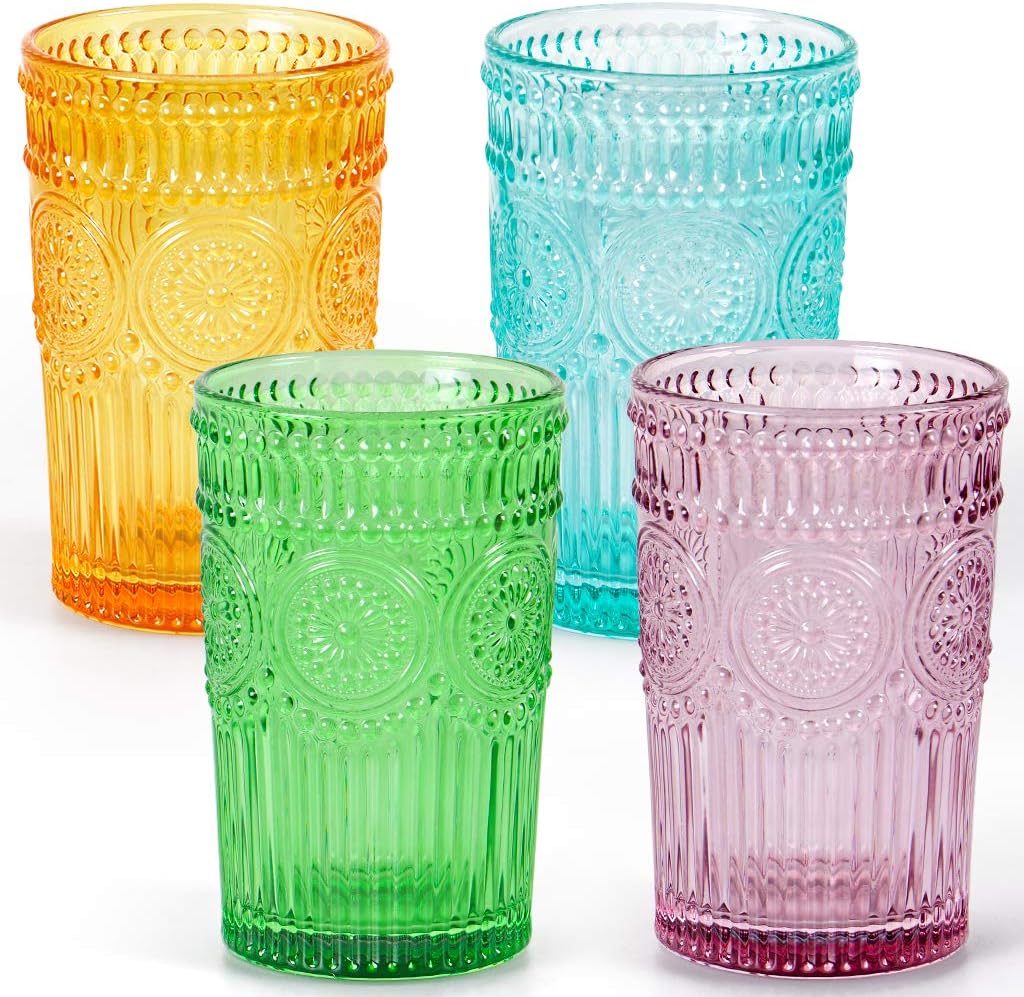 MDLUU Colored Glassware, Multicolor Drinking Glasses, Embossed Water Glasses, Colored...