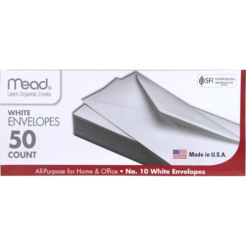 Mead #10 Envelopes, Letter Size, 4-1/8" x 9-1/2", Gummed Closure, White All-Purpose for Home...