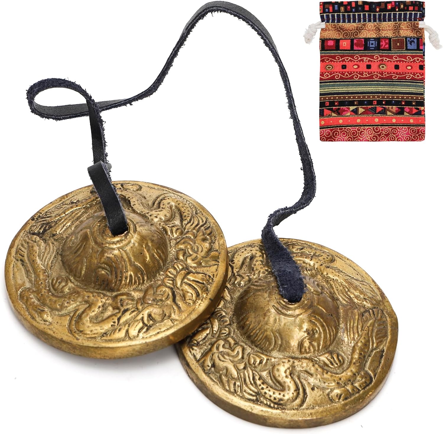 Meditation Chime Bells, 6.3 cm Dragon Embossed Tibetan Tingsha Cymbals with Drawstring Cloth...